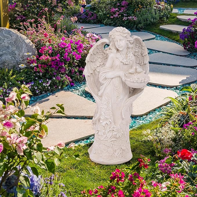 Outdoor Statues Angel Décor Garden Statue,23.5" H Angel Statue, Resin Angel with Bird Figurine,Gifts for Women and Men,Outdoor Garden Decor Ornaments for Outside (White)