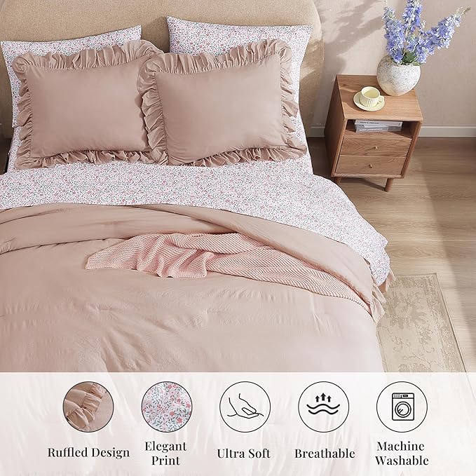 King Comforter Set - 7 Pieces Ruffle Pink Bedding Sets, Shabby Chic Farmhouse Bed in a Bag King with Ruffle Comforter, Floral Sheets, Pillowcases & Shams