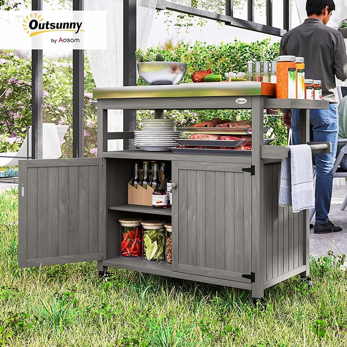 Outsunny Outdoor Grill Cart with Wheels and Storage, Solid Wood Outdoor Kitchen Island with Stainless Steel Top, Movable Bar Cart with Spice Rack, Side Handle, Integrated Hole for BBQ, Gray