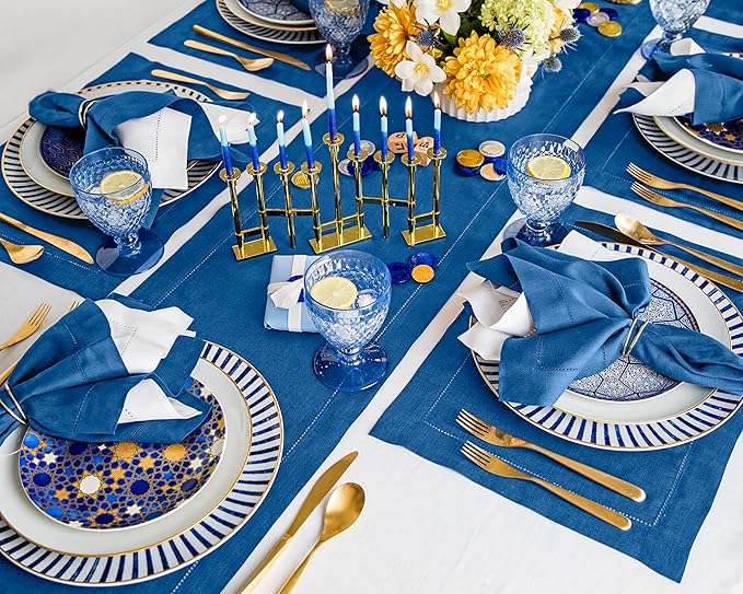 Solino Home Linen Indigo Blue Table Runner 90 Inches Long - 100% Pure Linen 14 x 90 Inch Table Runner for Fall, Autumn - Classic Hemstitch