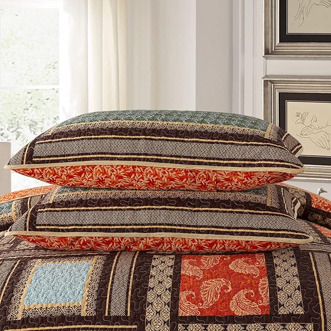 NEWLAKE Cotton Patchwork Bedspread, 3-Piece Bedding Quilt Set with Real Stitched Embroidery, Reversible Matelasse Bed Coverlet Set,Bohemian Farmhouse,Queen Size