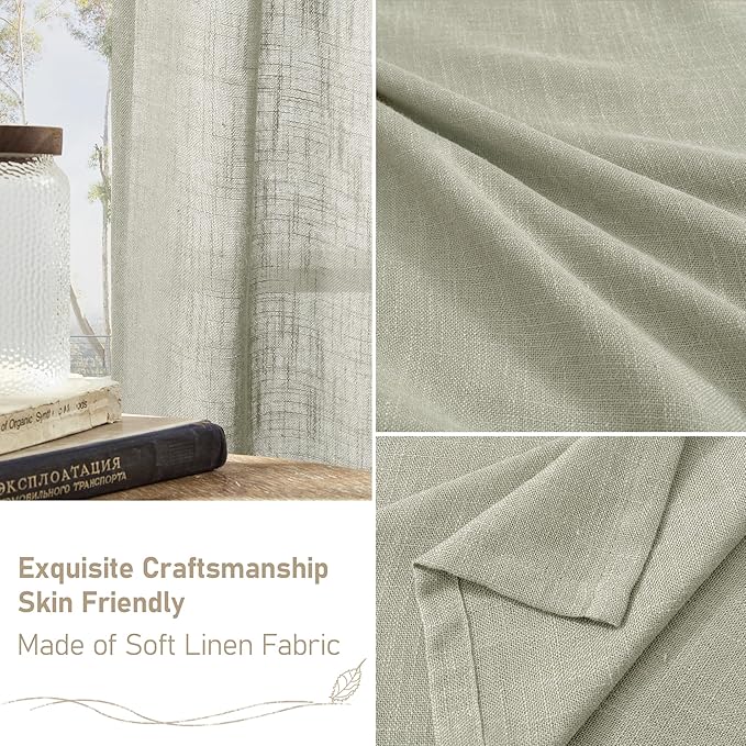 LAMIT Linen Curtains 63 inch Length 2 Panels for Living Room, Light Filtering Panels Bronze Grommet Neutral Textured Drapes for Bedroom/Office, Sage Grey, 34 x 63 Inch