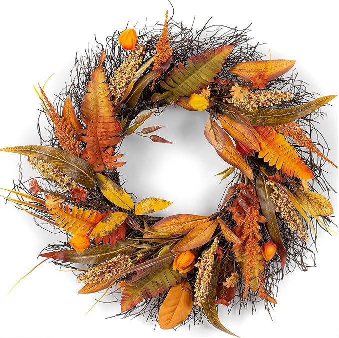 Fall Wreath for Thanksgiving Decorations 24inch - Walasis Large Wheat Wreaths for Front Door - Harvest Grain Gold Autumn Wall Decor for Indoor Outdoor