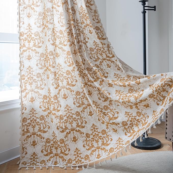 Sutuo Home Boho Curtains 63 Inches Length for Bedroom Living Room, Printed Moroccan Cotton Linen Rod Pocket Rustic Farmhouse Bohemian Tassels Window Treatment, 1 Panel 59" W x 63" L, Brown Damask