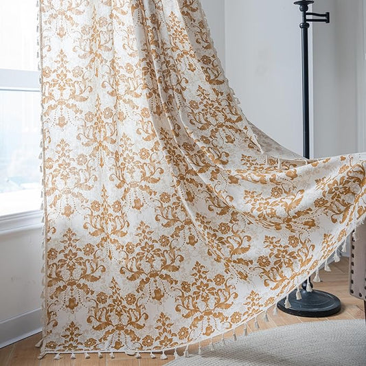 Sutuo Home Boho Curtains 63 Inches Length for Bedroom Living Room, Printed Moroccan Cotton Linen Rod Pocket Rustic Farmhouse Bohemian Tassels Window Treatment, 1 Panel 59" W x 63" L, Brown Damask