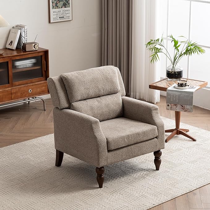 Kidol & Shellder Light Brown Oversized Accent Chair for Living Room Set of 2 Modern Reading Chair with Back Upholstered Comfy Single Sofa Chair for Bedroom Lounge Side Corner Boucle Fabric Armchair