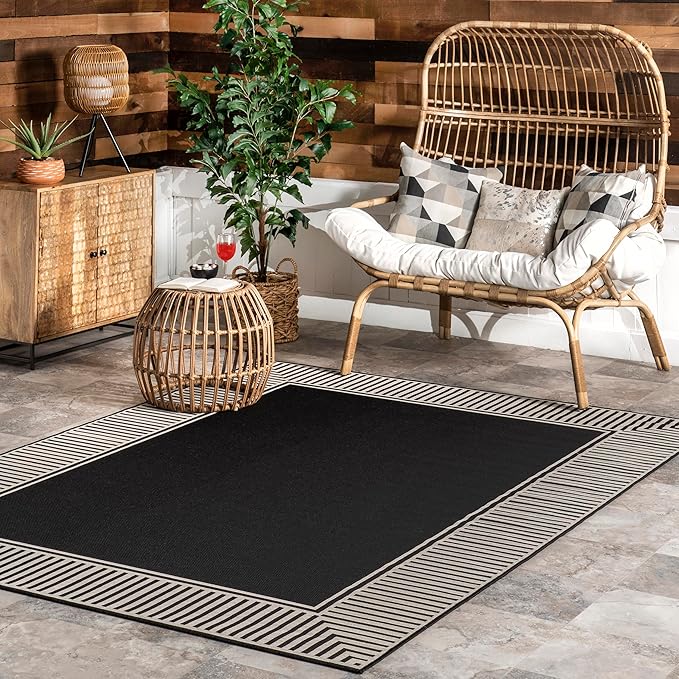 nuLOOM 5' x 8' Outdoor Area Rug, Casual Design With Striped Border, Stain Resistant, Highly Durable, For Patio, Balcony, Bedroom, Living Room, Dining Room, Bathroom, Black