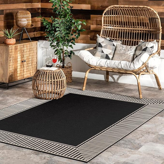 nuLOOM 5' x 8' Outdoor Area Rug, Casual Design With Striped Border, Stain Resistant, Highly Durable, For Patio, Balcony, Bedroom, Living Room, Dining Room, Bathroom, Black