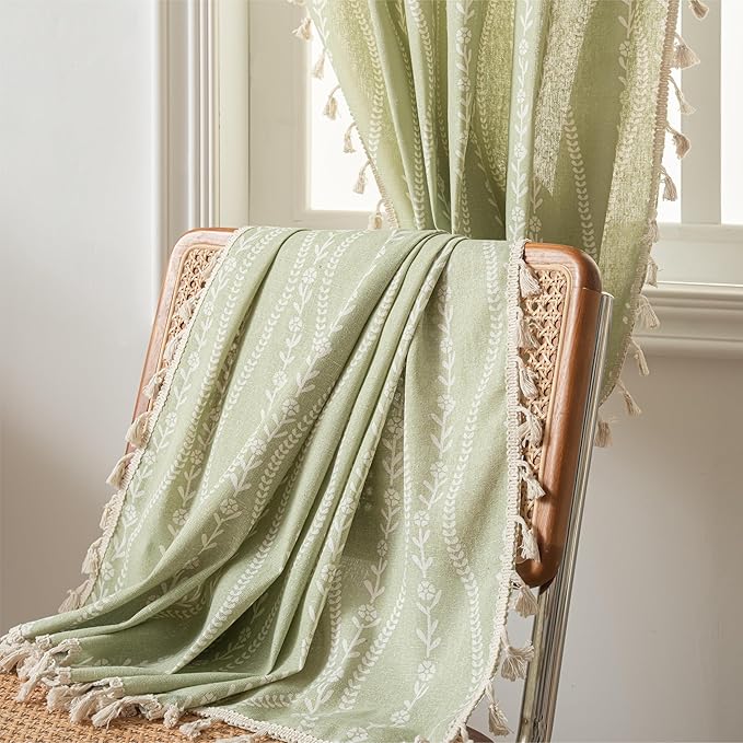 Sutuo Home Green Boho Curtains 84 Inches Long for Bedroom Living Room Dining Room, Bohemian Stripe Floral Vintage Tassels Window Treatment Drape for Easter Decor Rod Pocket, 1 Panel 59" W x 84" L