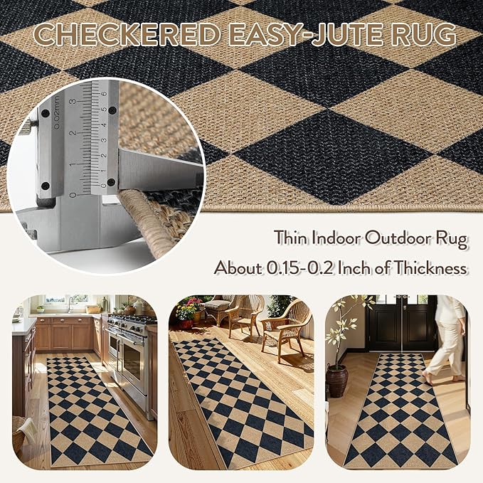 Lahome Checkered Easy Jute Runner Rug, 2x8 Hallway Kitchen Runner Rug Non Slip Washable Outdoor Carpet for Entryway Indoor, Checkerboard Black Indoor Outdoor Carpet for Hallway 8ft Entry