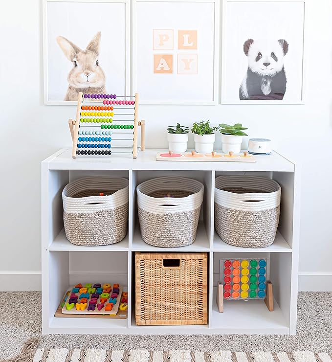 OrganiHaus Set of 3 Woven Storage Baskets for Organizing, Cotton Rope Organizer Bins for Shelves, Closet & Nursery, Dog Toy Basket, Decorative Bins for Toys, Towels & Books - 15x10x9, Brown