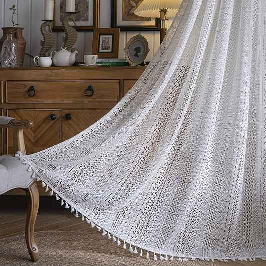 Sutuo Home White Crochet Boho Curtains 63 Inches Length, Sheer Lace Handmade Tassels Knitted Window Treatment Vintage Rustic Bohemian Farmhouse Drape for Bedroom Rod Pocket 1 Panel 59" W x 63" L