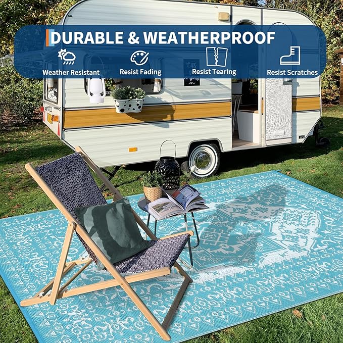 GAOMON Outdoor Rugs 8x10 Waterproof Reversible Outdoor Plastic Straw Rug, Large Patio Rugs UV-Resistant Portable RV Camping Mats, Vintage Boho Carpet for Deck Porch Garden, Light Blue & White