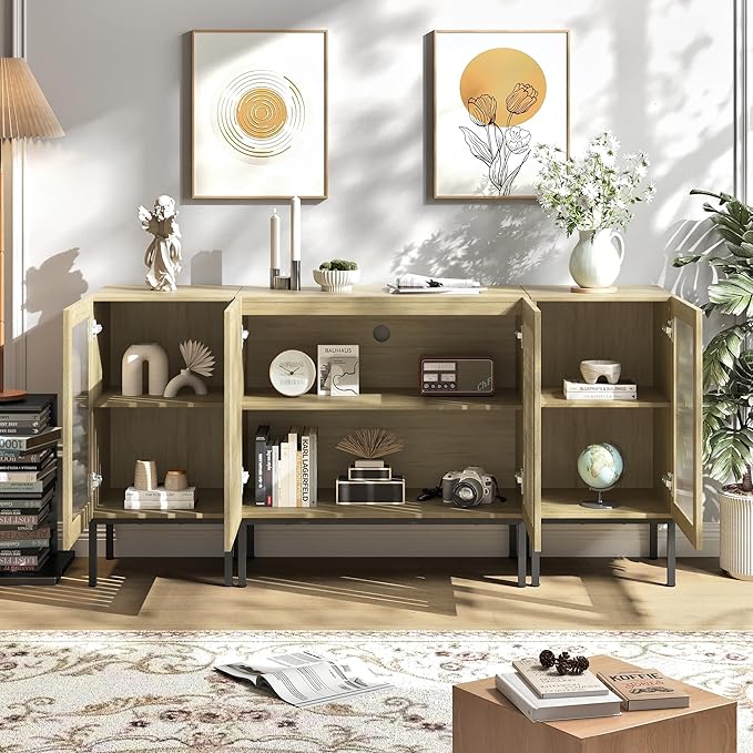 Farmhouse TV Stand for TVs up to 70 Inch, Entertainment Center TV Console with Storage Cabinets and Glass Doors,Media Console for Living Room,Oak