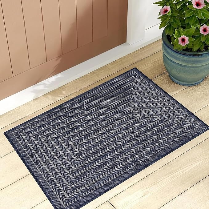 Adiva Rugs Outdoor Indoor Area Rug, Weather Resistant, Easy to Clean, Stain Resistant Floor Mat for Dining Room, Backyard, Deck, Patio (Navy Weiss, 2' x 3')