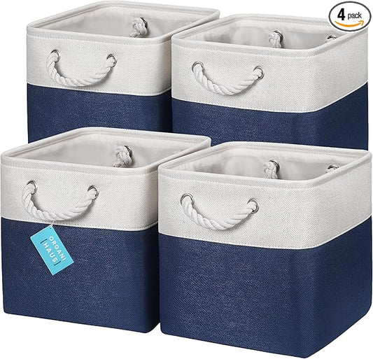 OrganiHaus 11x11 Cube Storage Bins 4 Pack, Foldable Cube Storage Organizer w/ Rope Handles, Collapsible Fabric Bins for Toys, Clothes & Closet Organization, Fabric Square Baskets - Navy Blue