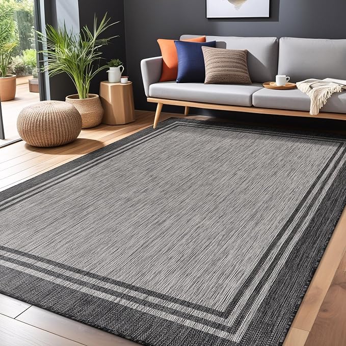 Bordered Outdoor Rug 5x7 Washable Outside Carpet for Indoor Patio Porch Waterproof Easy Cleaning Non Shedding Area Rugs Dark Gray 5 x 7