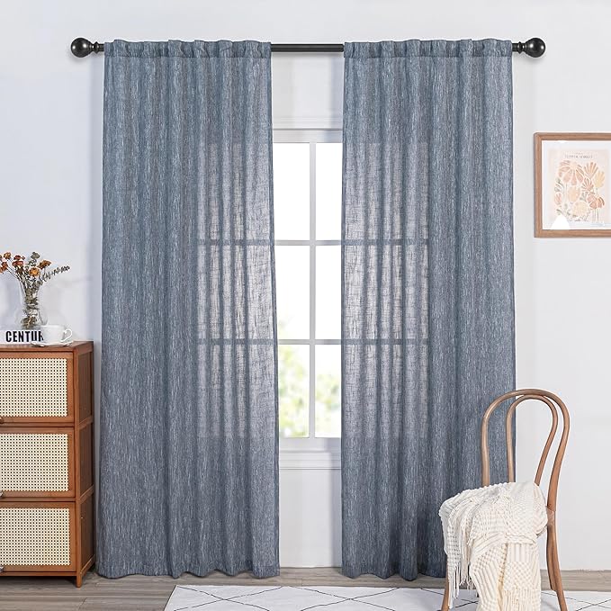 MYSKY HOME Semi Sheer Curtains 72 Inch Length, Light Filtering Window Drapes French Door Curtain Panels Privacy Shade Burlap Farmhouse Rustic Style for Doorways, 50" x 72", Dusty Blue, 2 Panels