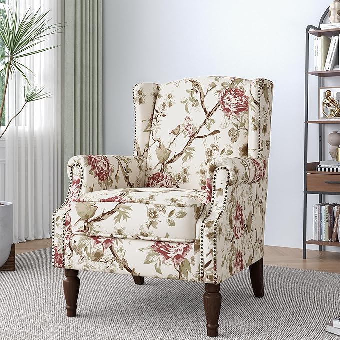 Lumibee Wingback Accent Chair,High Back Floral Armchairs in Fabric,Comfy Upholstered Reading Single Sofa Chair with Solid Wood Legs for Living Room,Bedroom,Office-Floral Beige
