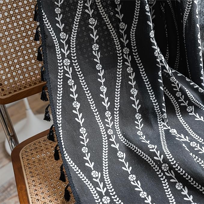 Sutuo Home Boho Curtains 84 Inches Long for Bedroom Living Room Nursery, Bohemian Vintage Tassels Window Treatment Drape for Halloween Decorations Rod Pocket, 1 Panel 59"W x 84"L,Black Stripe Floral