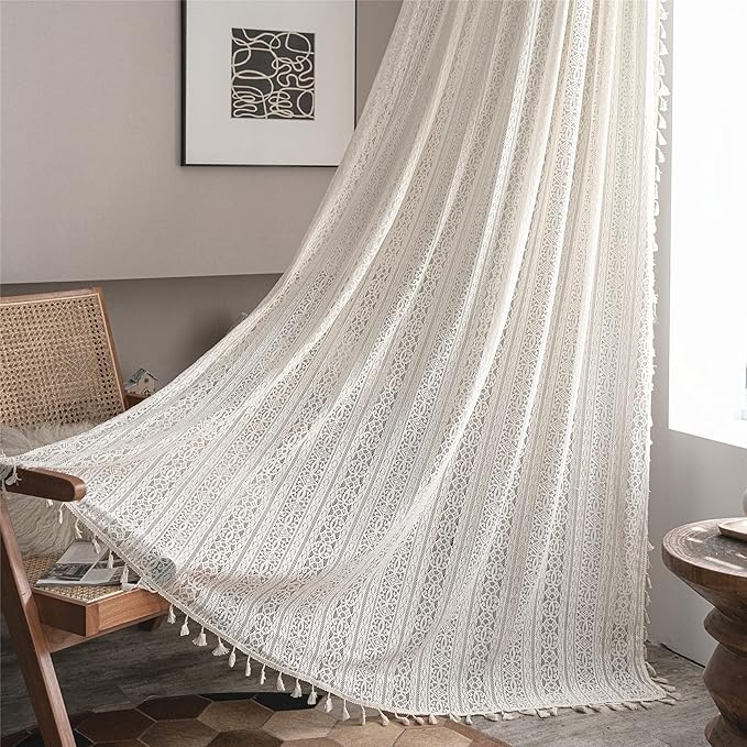 Sutuo Home Boho Curtain Crochet Lace Semi-Sheer Florals Hollow Knitted Handmade Tassels, Rod Pocket Window Treatment Vintage Rustic Farmhouse Drapes for Living Bedroom, 1 Panel 59" W x 108" L, Beige