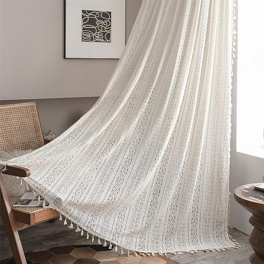 Sutuo Home Boho Curtain Crochet Lace Semi-Sheer Florals Hollow Knitted Handmade Tassels, Rod Pocket Window Treatment Vintage Rustic Farmhouse Drapes for Living Bedroom, 1 Panel 59" W x 72" L, Beige