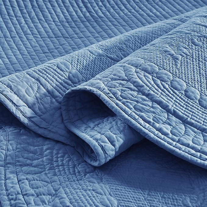 MarCielo 3-Piece 100% Cotton Oversized Bedspread Lightweight Quilt Coverlet Embroidery Farmhouse Bedding Set (TG Midtone Blue, Oversized King (118"x106"))