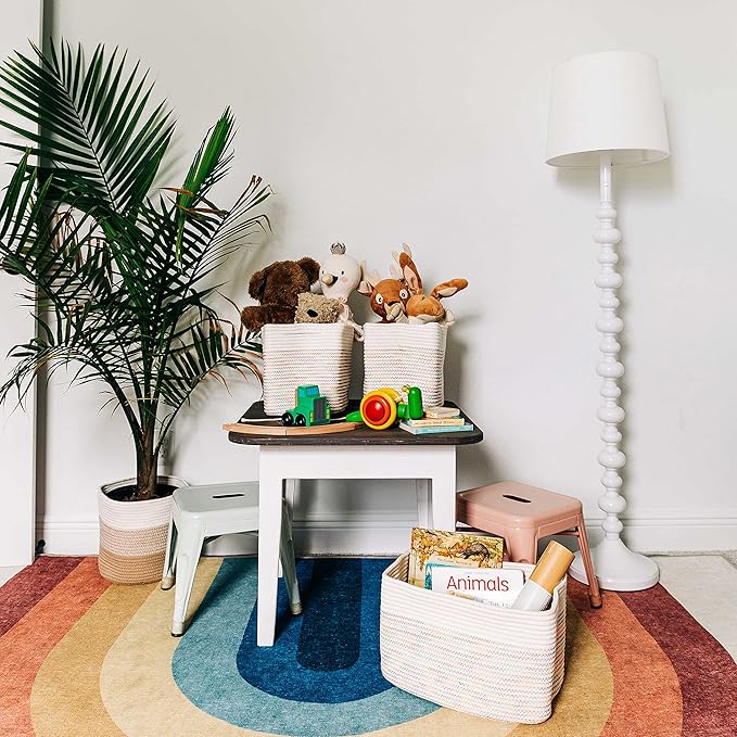 OrganiHaus Set of 3 Woven Storage Baskets for Organizing, Cotton Rope Organizer Bins for Shelves, Closet & Nursery, Dog Toy Basket, Decorative Bins for Toys, Towels & Books - 15x10x9, Rainbow Stitches