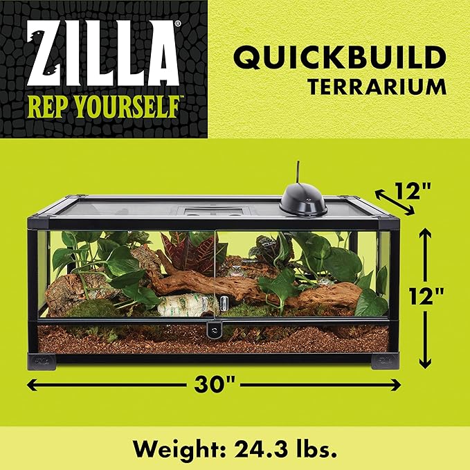 Zilla QuickBuild Reptile 20 Gallon Glass Terrarium Habitat with Swing Door For Geckos, Snakes, Lizards, Frogs, Turtles, and Tortoises, 30" x 12" x 12"