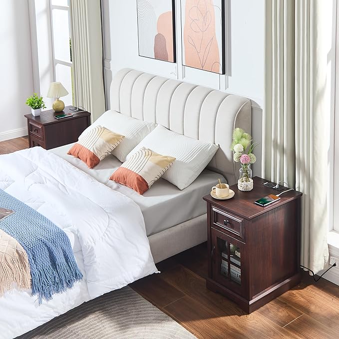 Farmhouse XXL End Table with Charging Station, Side Table with USB Ports and Outlets, Nightstand with Drawer and Glass Door Storage, Cherry Bedside Tables for Living Room, Bedroom, Office