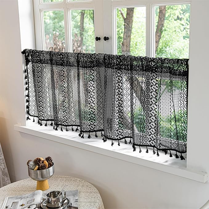 Sutuo Home Boho Valance Curtains for Kitchen Crochet Lace Sheer Bohemian Hollow Knitted with Tassels, Privacy Vintage Rustic Gothic Farmhouse Drapes, Rod Pocket 1 Panel 59" W x 18" L, Black