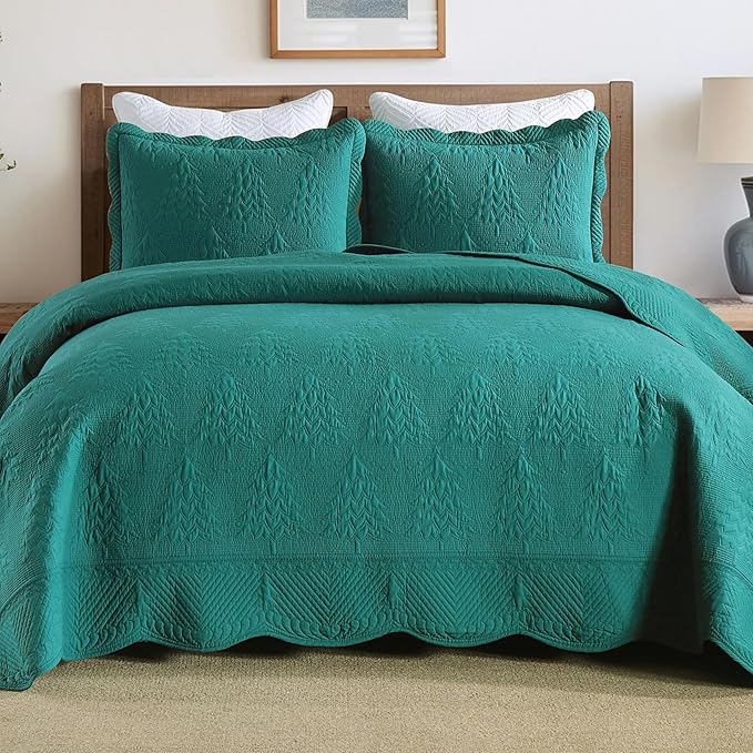 MarCielo 3-Piece Christmas Quilt 100% Cotton Oversized Bedspread Lightweight Coverlet Embroidery Christmas Tree Pattern Bedding Set(TC Emerald, Oversized King (118"x106"))