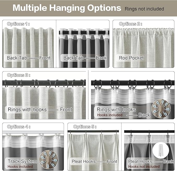 92 Inch Long Curtains 2 Panels,Back Tab Hook Belt with Hooks,Modern Neutral French Style Pleat Look Soundprof Linen Drop Cloth Traverse Blackout Curtains for Living Room 50W x 92L Natural Cream