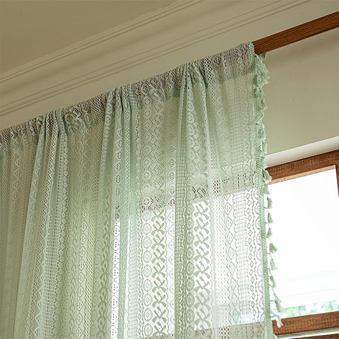 Sutuo Home Boho Sheer Curtains for Kitchen Kid's Room,Crochet Lace Bohemian Hollow Knitted Handmade Tassels Window Treatment Vintage Chic Rod Pocket Farmhouse Drapes, 1 Panel 59" W x 63" L, Mint Green