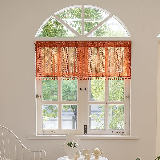 Sutuo Home Terracotta Boho Valance Short Curtains Crochet Lace Sheer Bohemian Hollow Knitted with Tassels, Privacy Vintage Rustic Farmhouse Drapes for Kitchen, Rod Pocket 1 Panel 59" W x 36" L, Orange