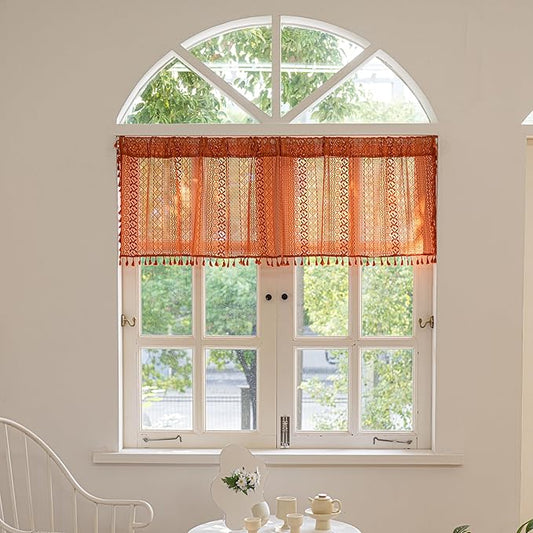 Sutuo Home Terracotta Boho Valance Short Curtains Crochet Lace Sheer Bohemian Hollow Knitted with Tassels, Privacy Vintage Rustic Farmhouse Drapes for Kitchen, Rod Pocket 1 Panel 59" W x 36" L, Orange