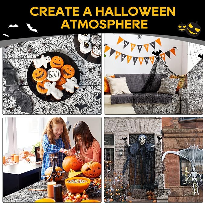 eZAKKA Halloween Table Cloth, Spider Webs Tablecloths Black Tablecloth Lace Fabric Table Cloths Spooky Cover for Rectangle Tables for Parties Gothic Halloween Home Decorations, 60x84 Inch