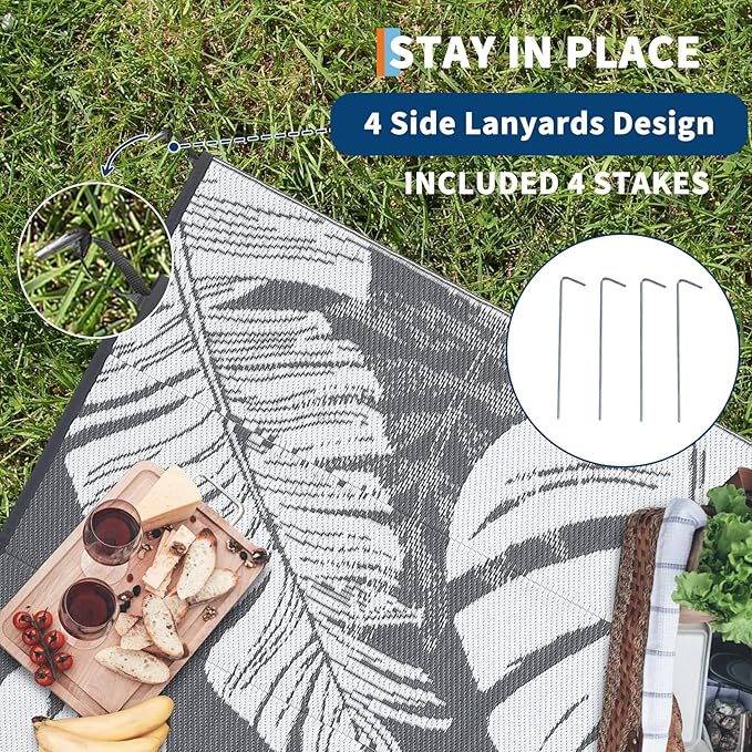 GAOMON Outdoor Rug Waterproof 9x12 Outdoor Plastic Straw Rug for Patio, Reversible Modern Camping Mat with Bag & Stakes, UV Resistant & Easy to Clean Carpet for RV, Deck, Balcony, Grey