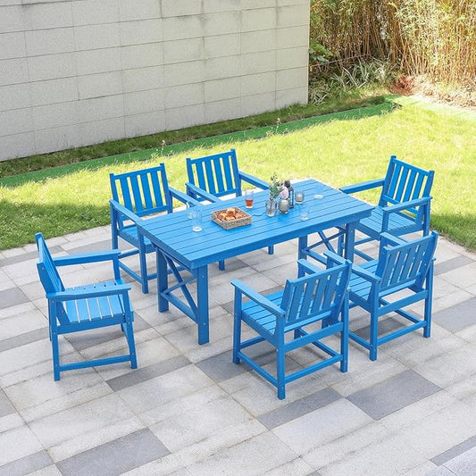 7 Pieces HDPE Outdoor Dining Set, Patio Dining Set with Umbrella Hole, All Weather Outdoor Dining Table Sets for 6, HDPE Patio Furniture Sets for Deck, Backyard, Lawn, and Poolside, Sky Blue