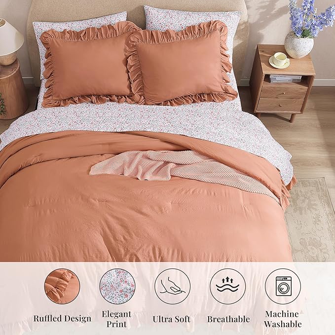 King Comforter Set - 7 Pieces Ruffle Autumn Leaf Bedding Sets, Shabby Chic Farmhouse Bed in a Bag King with Ruffle Comforter, Floral Sheets, Pillowcases & Shams