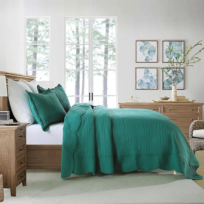 MarCielo 3-Piece Christmas Quilt 100% Cotton Oversized Bedspread Lightweight Coverlet Embroidery Christmas Tree Pattern Bedding Set(TC Emerald, Oversized King (118"x106"))