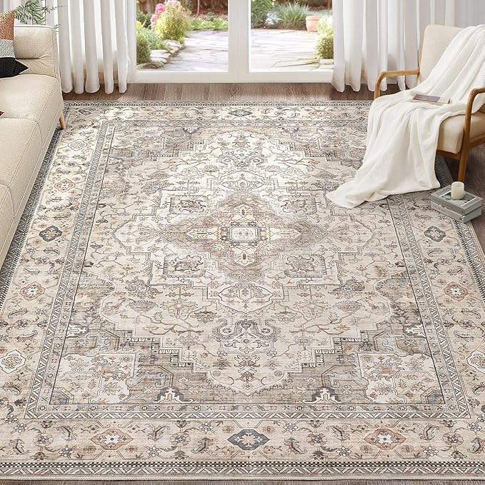 Washable Area Rugs for Living Room -10x12 Neutral Vintage Distressed Floral Farmhouse Boho Large Soft Floor Rug Indoor Non Slip Carpet for Living Room Bedroom Dining Room Office-Brown/Multi
