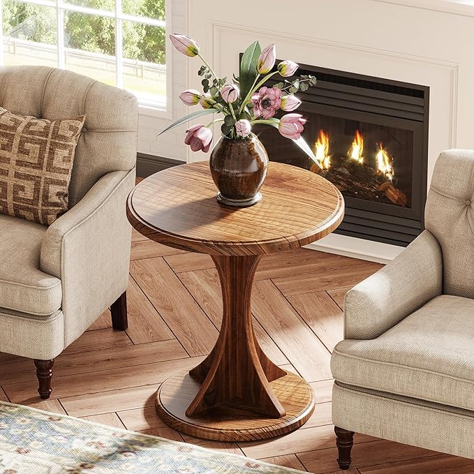 Tribesigns Round End Table for Living Room, Wood Side Table Set of 2, Mid-Century Bedside Nightstand for Bedroom, Accent Table, Easy Assembly, Vintage Brown
