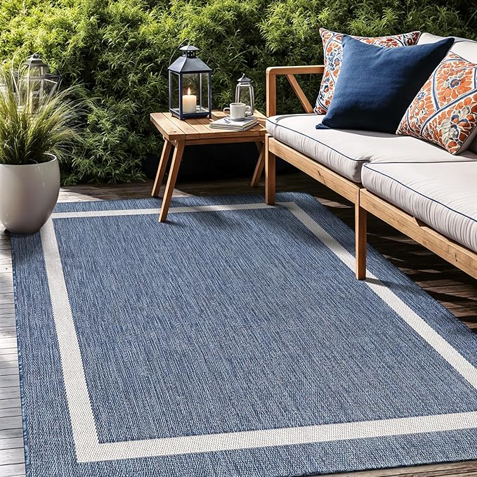 Bordered Outdoor Rug 5x7 Washable Outside Carpet for Indoor Patio Porch Waterproof Easy Cleaning Non Shedding Area Rugs Blue 5 x 7