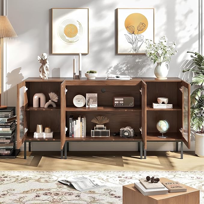 Farmhouse TV Stand for TVs up to 70 Inch, Entertainment Center TV Console with Storage Cabinets and Glass Doors,Media Console for Living Room,Brown