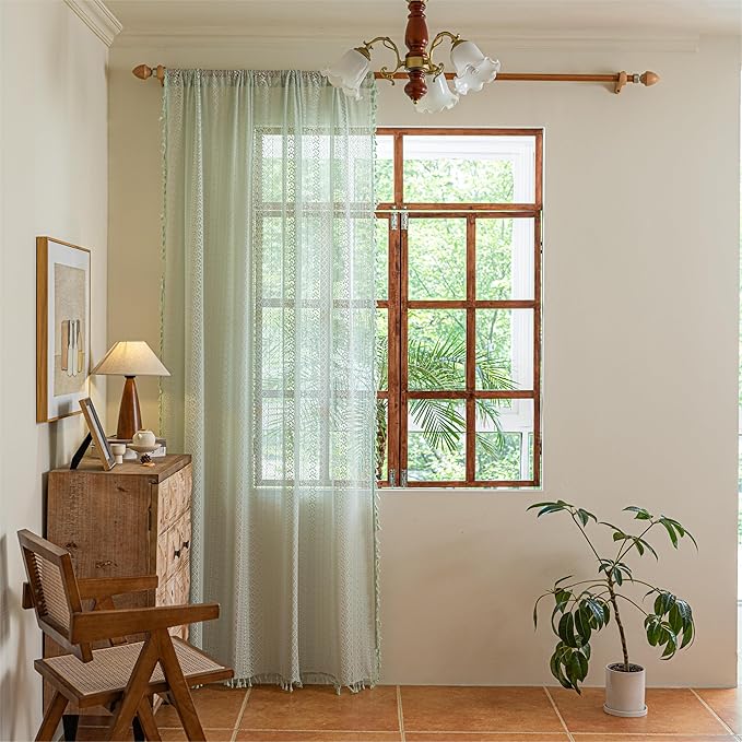Sutuo Home Mint Green Boho Curtains for Bedroom Living Room, Crochet Lace Bohemian Hollow Knitted Handmade Tassels Window Treatment Vintage Rustic Rod Pocket Farmhouse Drapes, 1 Panel 59" W x 84" L