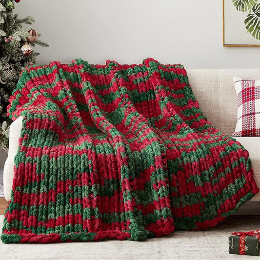 Chunky Knit Throw Blanket, 30''*40'' Knitted Throw Chenille Yarn for Bed Couch, Handmade Stripe Crochet Big Thick Blanket, Machine Washable Cute Comfy Blanket for Home Decor