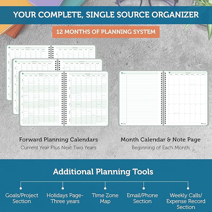 Planner Pad Spiral Bound January-December 2026/ Calender Year 8 1/2" x 11" Large 3-Tier Funnel Down 12 Month Organizer, Greenish Grey Cover/Soft Green Ink