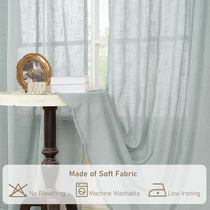 LAMIT Greyish Blue Linen Curtains 45 Inches Long for Bedroom, Light Filtering Panels Bronze Grommet Neutral Drapes for Kitchen/Window/Loft Room, 52 x 45 Inch, 2 Panels