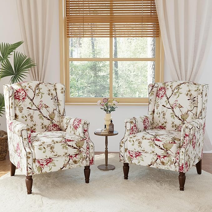 Lumibee Wingback Accent Chair, 2 Set High Back Floral Armchairs in Fabric,Comfy Upholstered Reading Single Sofa Chairs with Solid Wood Legs for Living Room,Bedroom,Office-Floral Beige